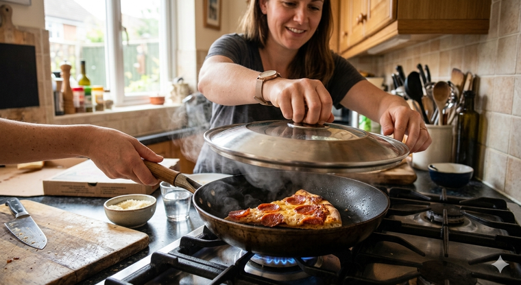 El truco de la sartén para recalentar la pizza. Fuente: IA Gemini. El truco de la sartén para recalentar la pizza. Fuente: IA Gemini.