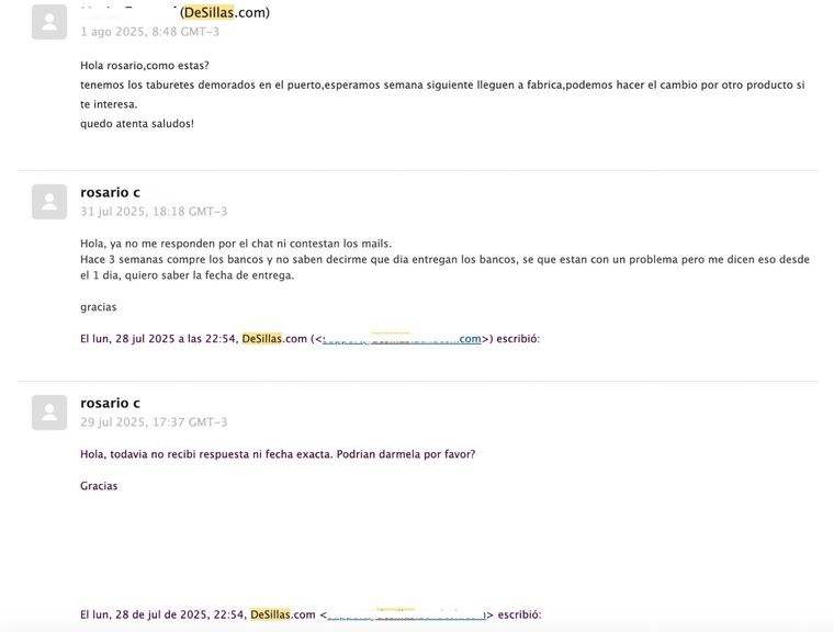 Parte de la conversación de Rosario con el personal de la página web por venta errónea de los bancos. Parte de la conversación de Rosario con el personal de la página web por venta errónea de los bancos.