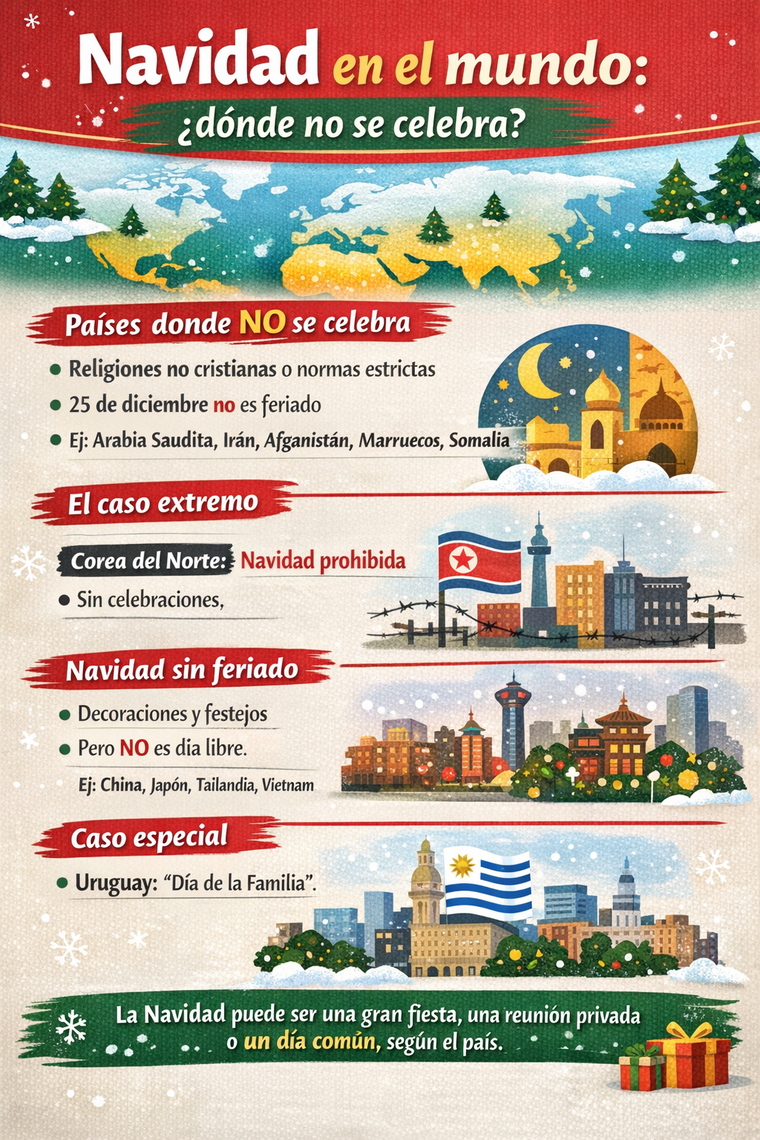 Aunque la Navidad existe en algunas sociedades, en ciertos países no figura como feriado en el calendario oficial. Aunque la Navidad existe en algunas sociedades, en ciertos países no figura como feriado en el calendario oficial.