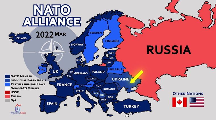 El mapa de la Otan en Europa (hay que sumar a EEUU y Canadá). Foto: Youtube.