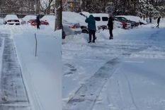 Una mendocina que vive en Canadá  tuvo que sacar la nieve con una pala de la puerta de su casa. Foto: Gentileza