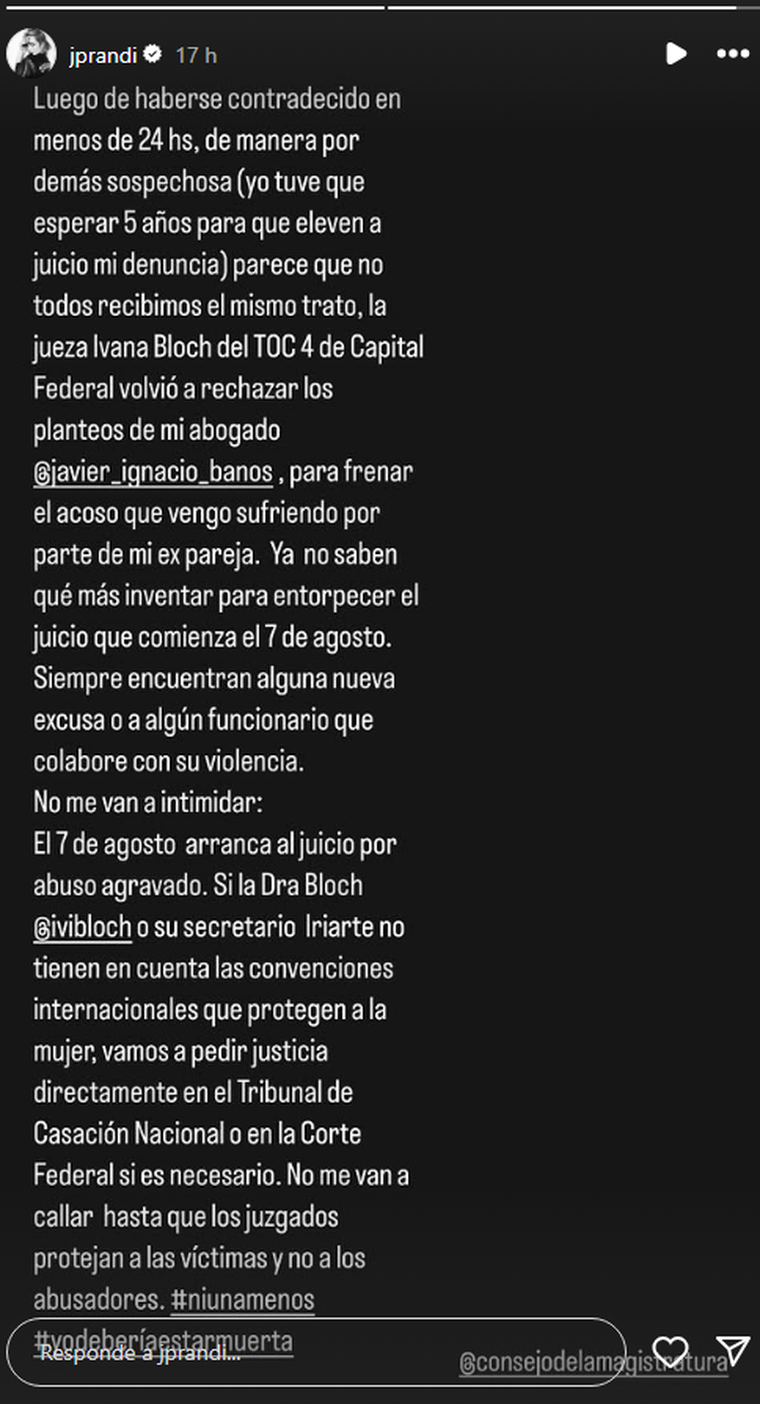 El posteo de Julieta Prandi. Foto: captura de pantalla/ @jprandi. El posteo de Julieta Prandi. Foto: captura de pantalla/ @jprandi.
