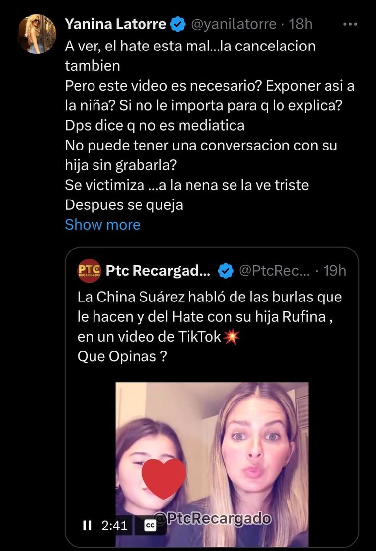 Yanina Latorre apuntó contra la China Suárez tras el polémico material difundido por la actriz. Yanina Latorre apuntó contra la China Suárez tras el polémico material difundido por la actriz.