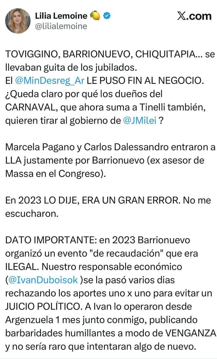 Lilia Lemoine cargó contra el dueño del streaming Carnaval y lo acusó de recaudar con la plata de los jubilados. Lilia Lemoine cargó contra el dueño del streaming Carnaval y lo acusó de recaudar con la plata de los jubilados.