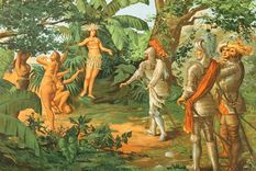 La líder taína Anacaona dándoles la bienvenida a los españoles. Cromolitografía. La Civilización, volumen III, 1882. Foto: GETTY IMAGES