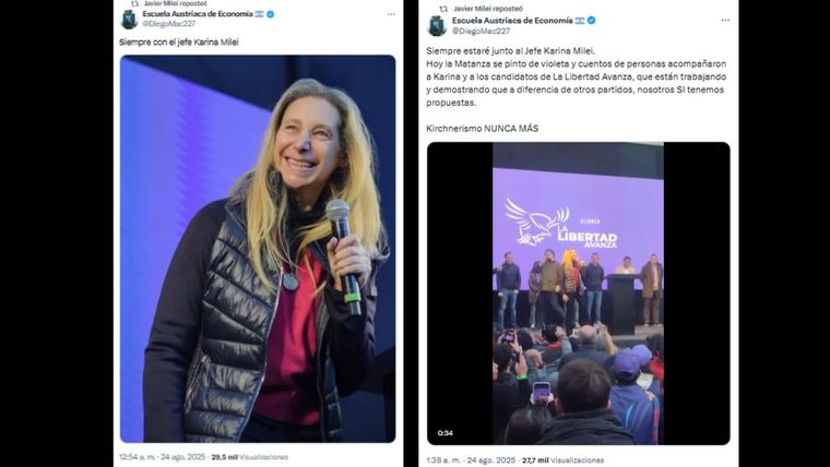 Algunos de los retuits de Javier Milei en plena medianoche.