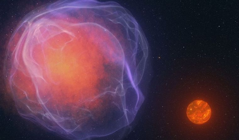 Una simulación de un hipotético par binario J1249+36-enana blanca termina con la enana blanca explotando en una supernova. Foto: Dpa.