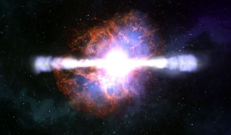 Representación artística de una explosión de rayos gamma. Foto: Efe.