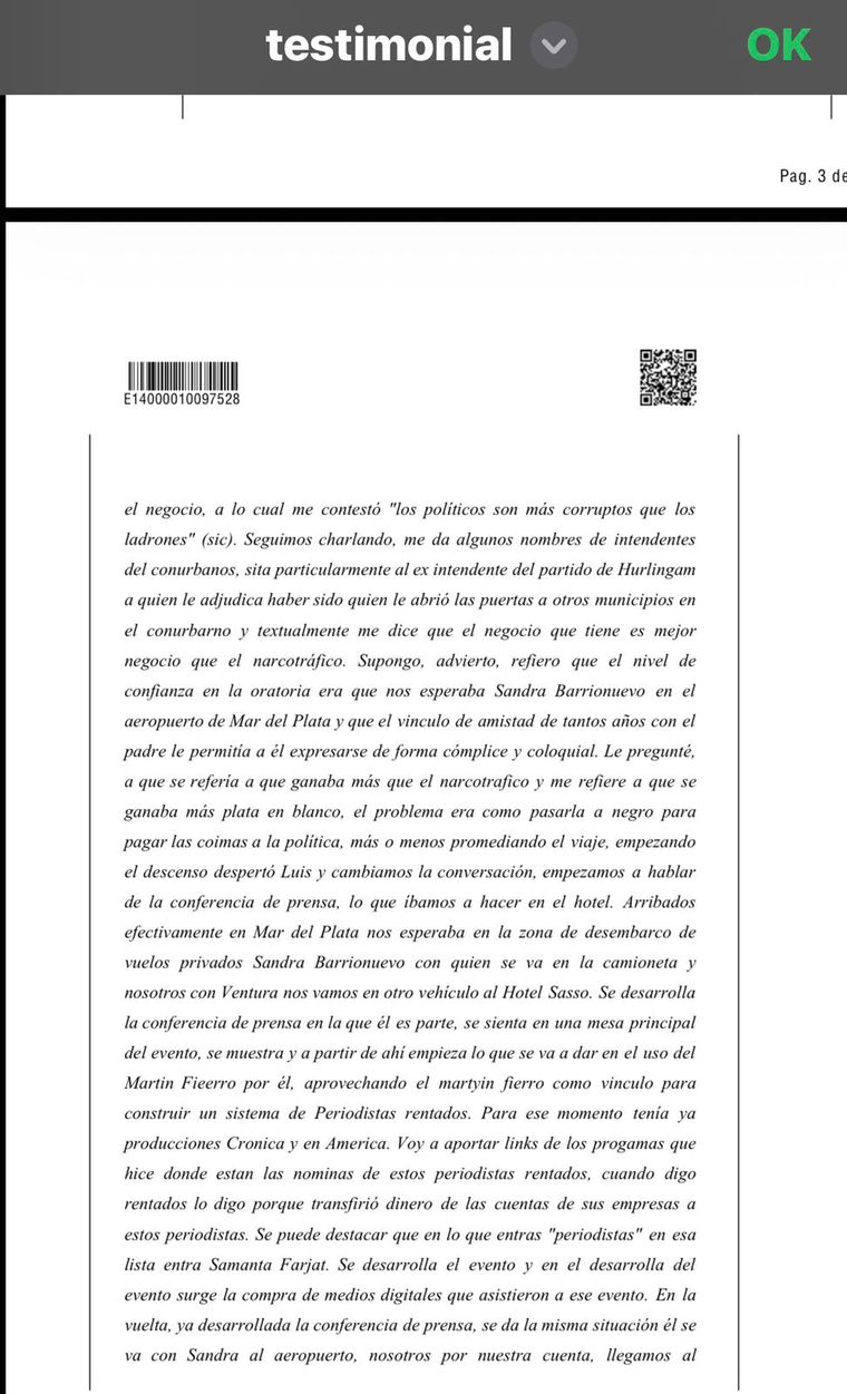 La declaración de Santiago Cuneo.