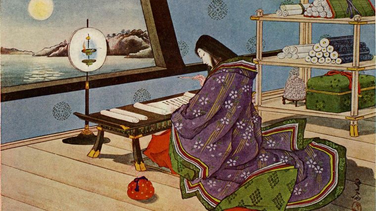 Murasaki Shikibu escribiendo "El romance de Genji" en el templo de Ishiyama.