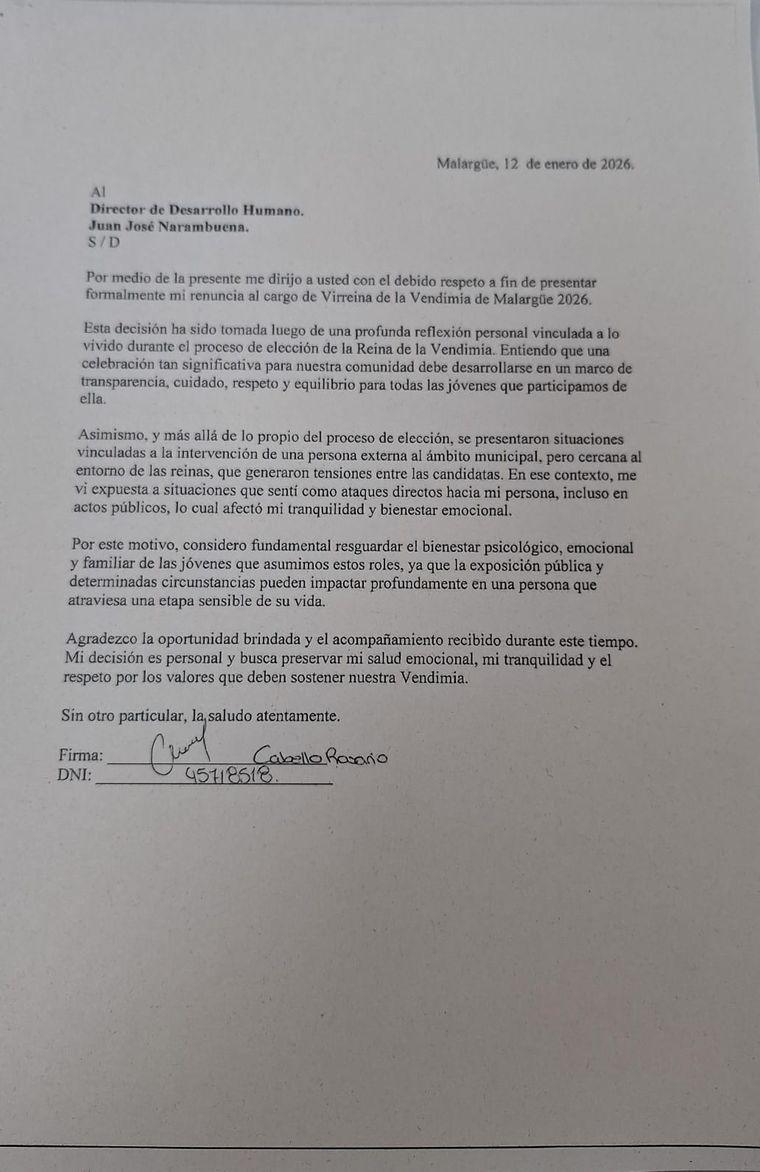 La carta de renuncia de Rosario Cabello. La carta de renuncia de Rosario Cabello.