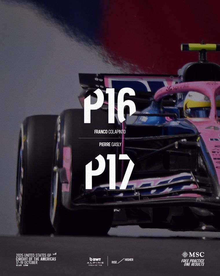 Franco Colapinto terminó por delante de su compañero, Pierre Gasly, durante las prácticas en Austin. Franco Colapinto terminó por delante de su compañero, Pierre Gasly, durante las prácticas en Austin.