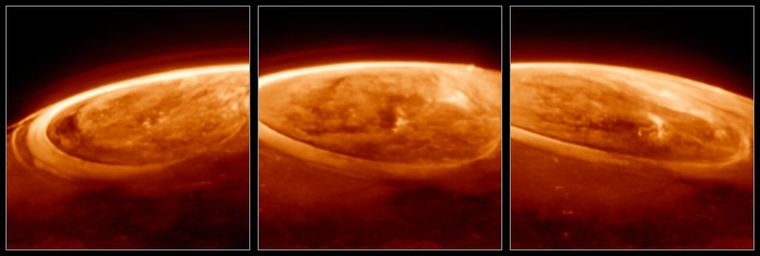 Tres paneles, cada uno con una imagen cercana al infrarrojo cercano del polo norte de Júpiter, en tonos naranjas. Foto: ESA/Webb, NASA, CSA, J. Nichols (Universidad de Leicester), M. Zamani (ESA/Webb)
