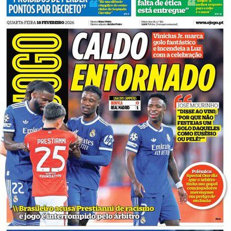 La tapa de O Jogo sobre el escándalo entre Prestianni y Vinícius Jr. La tapa de O Jogo sobre el escándalo entre Prestianni y Vinícius Jr.