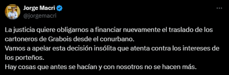 El posteo de Jorge Macri después de que el gobierno apele a la cautelar. El posteo de Jorge Macri después de que el gobierno apele a la cautelar.