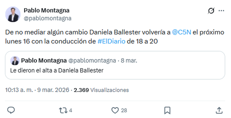 Daniela Ballester volvería el próximo lunes a la pantalla de C5N. Daniela Ballester volvería el próximo lunes a la pantalla de C5N.