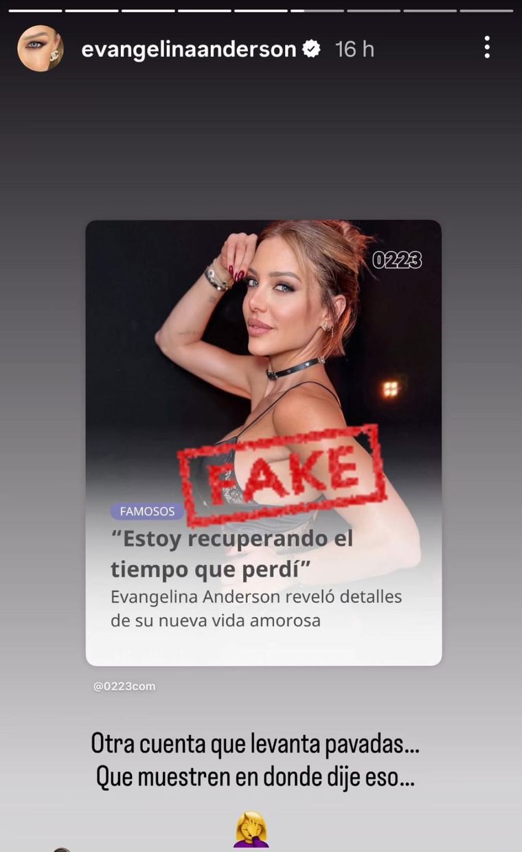 Uno de las historias que Evangelina Anderson publicó para aclarar su situación amorosa. Uno de las historias que Evangelina Anderson publicó para aclarar su situación amorosa.