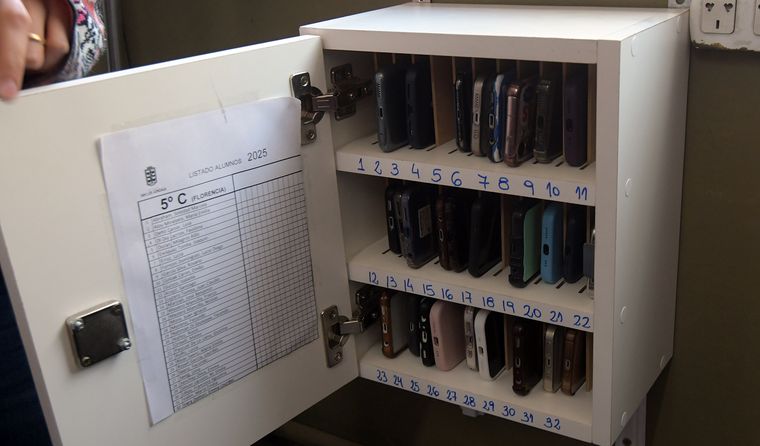 Los teléfonos quedan guardados en un caja cerca del escritorio del docente. Los teléfonos quedan guardados en un caja cerca del escritorio del docente.