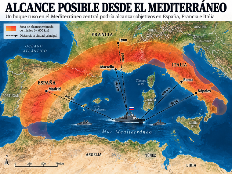 El mapa muestra el alcance aproximado de los drones mencionados en el informe de la CIA, que podrían ser lanzados desde el Mediterráneo hacia España, Francia e Italia.