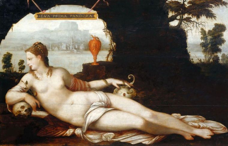 Jean Cousin pintó "Eva Prima Pandora", alrededor de 1550, no sólo mostrando la mezcla con la narrativa cristiana, sino siendo más fiel al mito: su mano izquierda aferra la temida jarra, que aún no ha abierto.