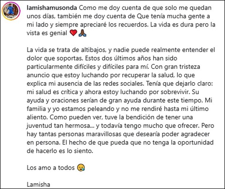 El mensaje de Lamisha Musonda, con pasado en Chelsea, que generó preocupación en el ambiente del fútbol. El mensaje de Lamisha Musonda, con pasado en Chelsea, que generó preocupación en el ambiente del fútbol.