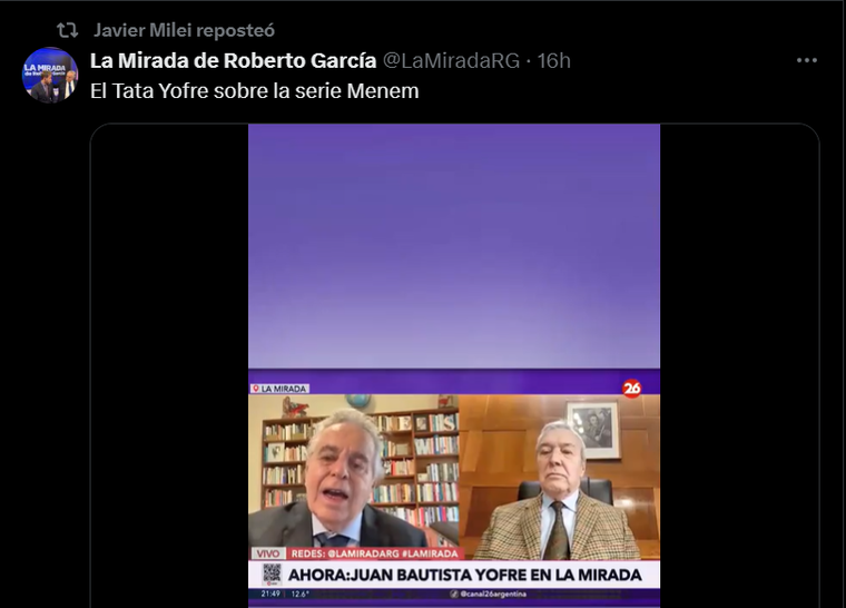 La crítica contra la serie Menem que compartió Javier Milei. La crítica contra la serie Menem que compartió Javier Milei.