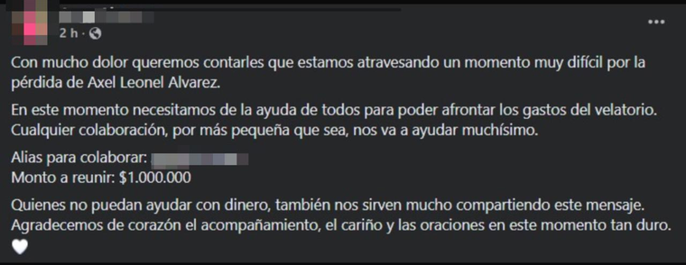 El mensaje con el que presuntos allegados al fallecido piden dinero para el velorio. El mensaje con el que presuntos allegados al fallecido piden dinero para el velorio.