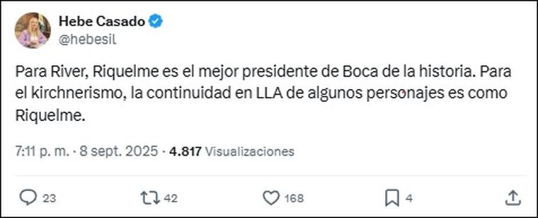 La referencia futbolera de Hebe Casado en X. La referencia futbolera de Hebe Casado en X.