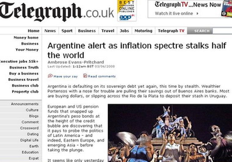 Portada del diario inglés sobre la situación inflacionaria argentina.