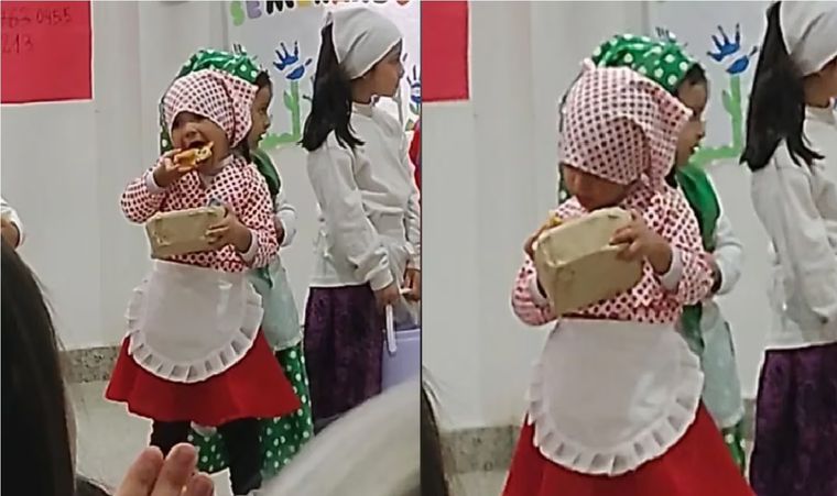El video viral de la nena que se comió los pastelitos en pleno acto escolar Foto: Captura del video de TikTok