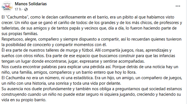 El mensaje publicado por el merendero en Facebook.