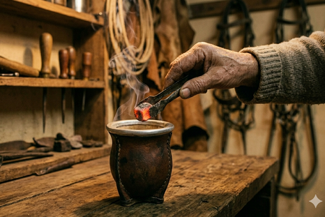 Colocar una brasa en el mate ayuda a eliminar la humedad acumulada. Foto: Gemini IA Colocar una brasa en el mate ayuda a eliminar la humedad acumulada. Foto: Gemini IA