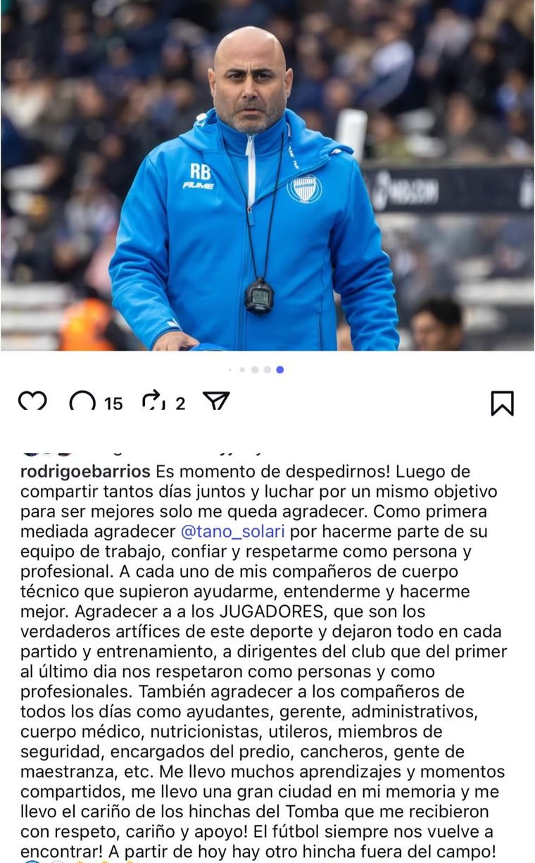 La publicación que realizó Rodrigo Barrios para despedirse de Godoy Cruz. La publicación que realizó Rodrigo Barrios para despedirse de Godoy Cruz.