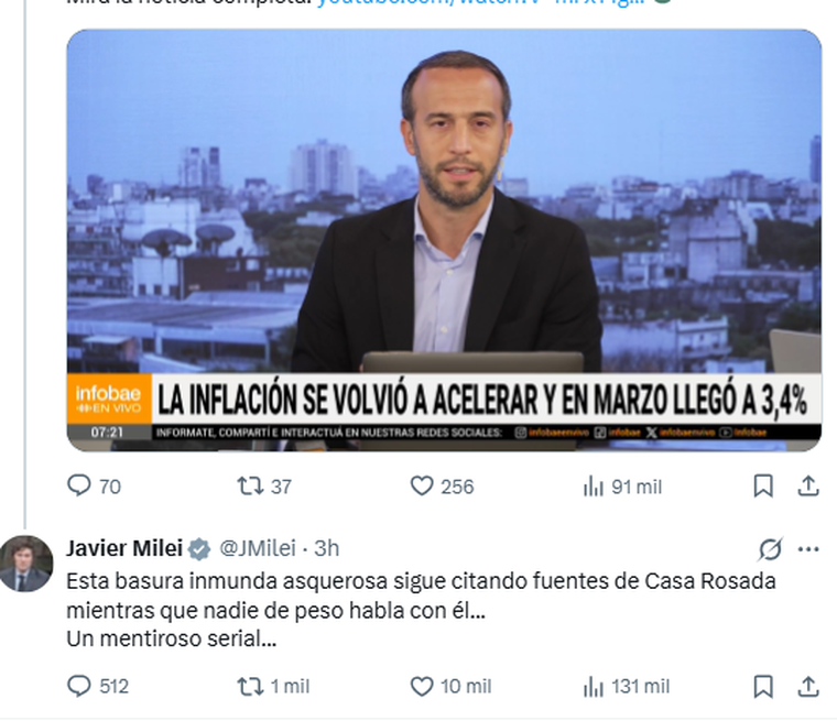 Javier Milei sigue enfrentando a los periodistas en redes. Javier Milei sigue enfrentando a los periodistas en redes.