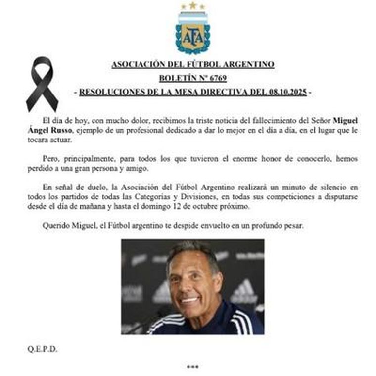 El comunicado de la AFA sobre el fallecimiento de Miguel Ángel Russo. El comunicado de la AFA sobre el fallecimiento de Miguel Ángel Russo.