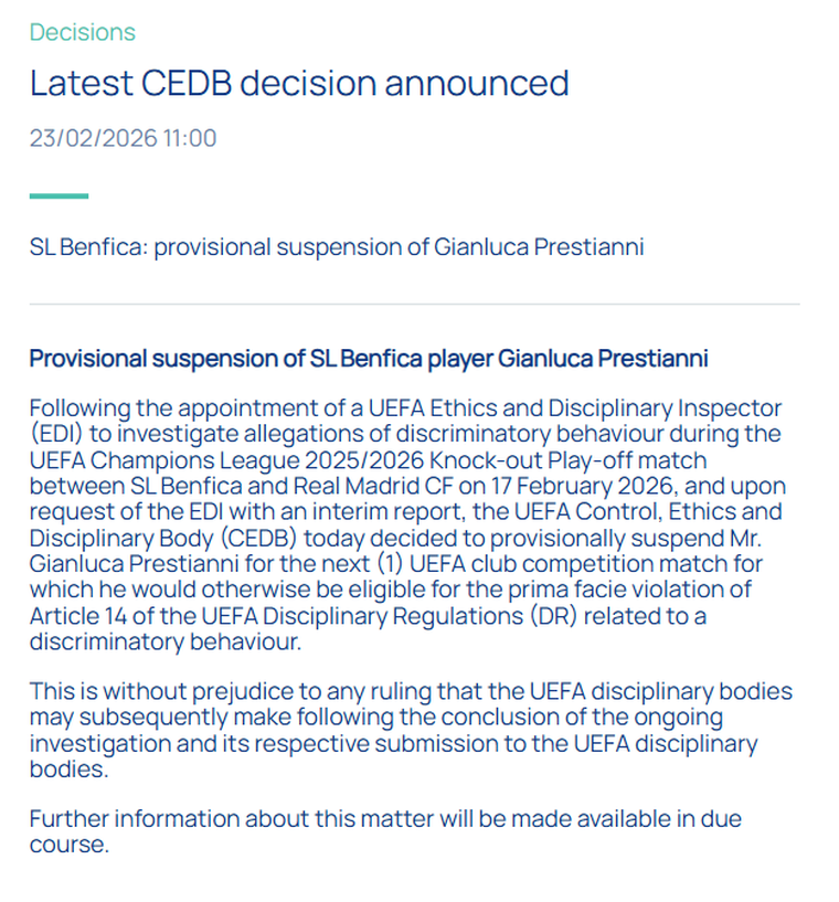 El comunicado de la UEFA anunciando la suspensión provisoria de Gianluca Prestianni. El comunicado de la UEFA anunciando la suspensión provisoria de Gianluca Prestianni.