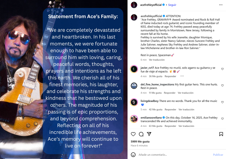El comunicado que compartieron en las redes sociales de Ace Frehley. Foto: Instagram/ @acefrehleyofficial. El comunicado que compartieron en las redes sociales de Ace Frehley. Foto: Instagram/ @acefrehleyofficial. 