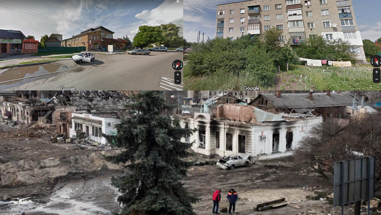 Trostianets, antes y después, en una imagen. Foto: The Guardian y Google Street View