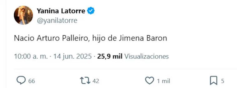 EL anuncio de Yanina Latorre sobre el nacimiento del bebé de Jimena Barón. EL anuncio de Yanina Latorre sobre el nacimiento del bebé de Jimena Barón.