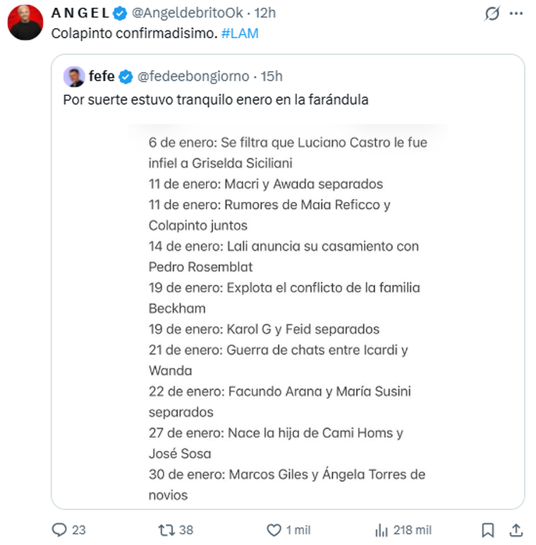 Ángel de Brito confirmó el romance de Franco Colapinto con Maia Reficco. Ángel de Brito confirmó el romance de Franco Colapinto con Maia Reficco.