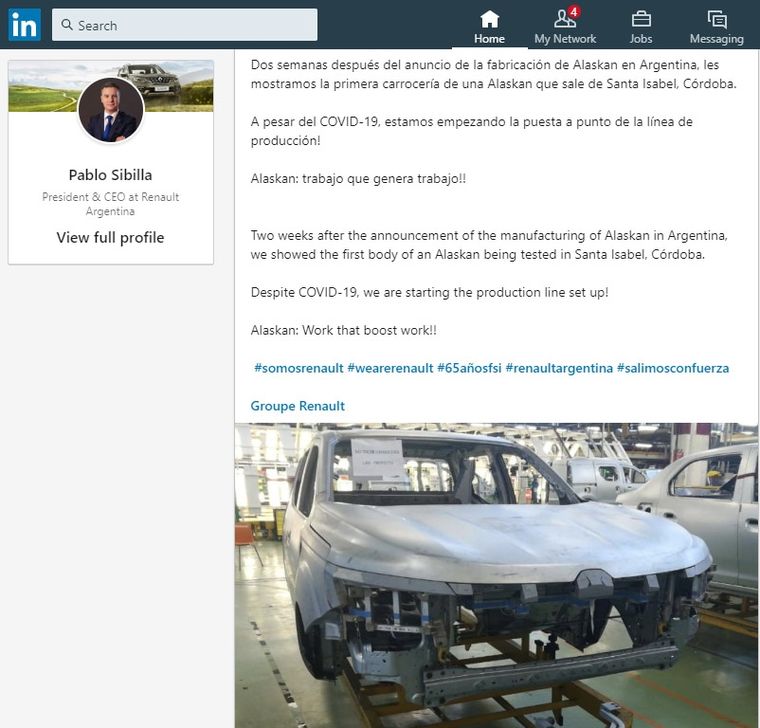 El posteo de Pablo Sibilla, CEO de Renault Argentina.