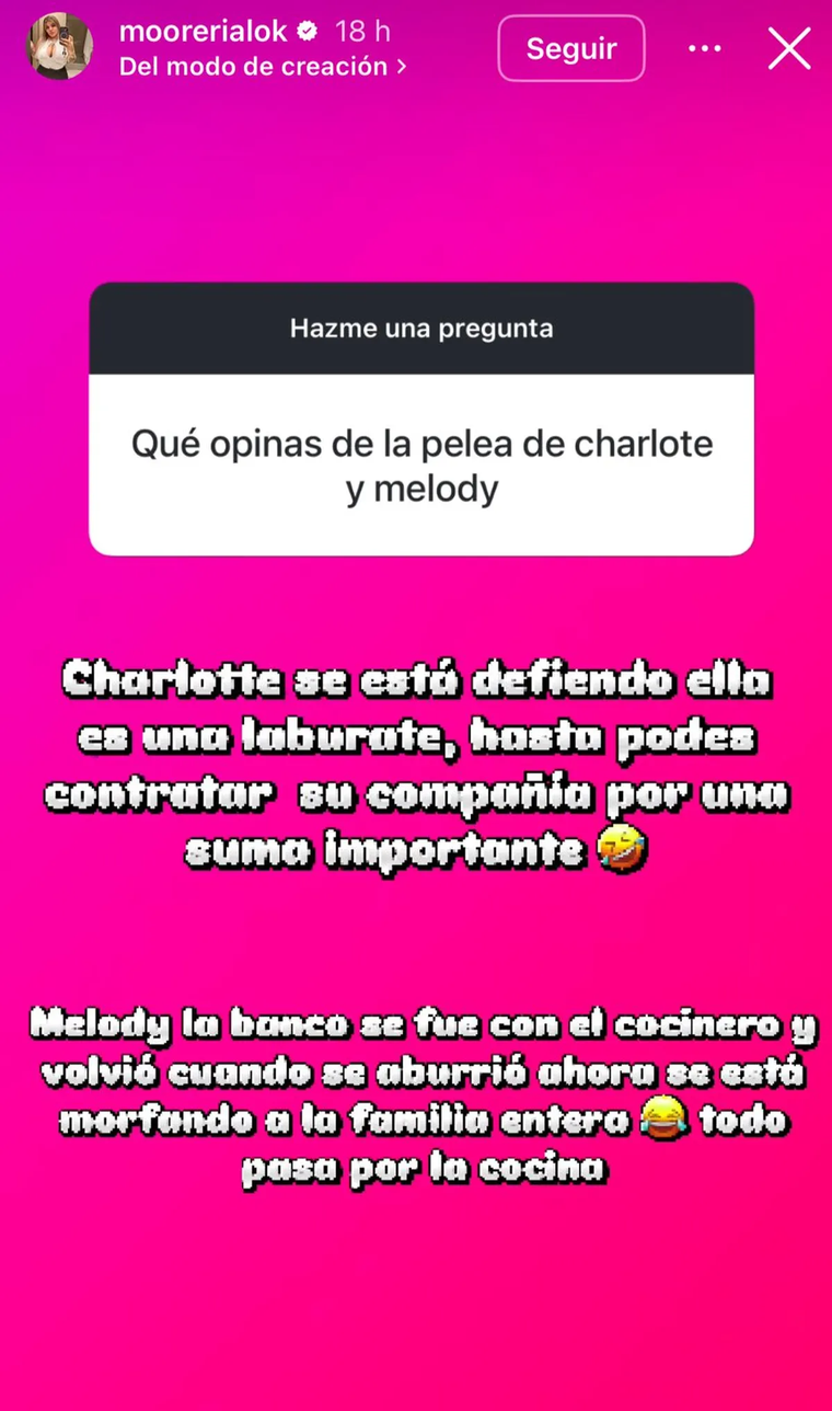 Morena Rial liquidó a Charlotte Caniggia y a Melody Luz en una picante historia de Instagram. Morena Rial liquidó a Charlotte Caniggia y a Melody Luz en una picante historia de Instagram.