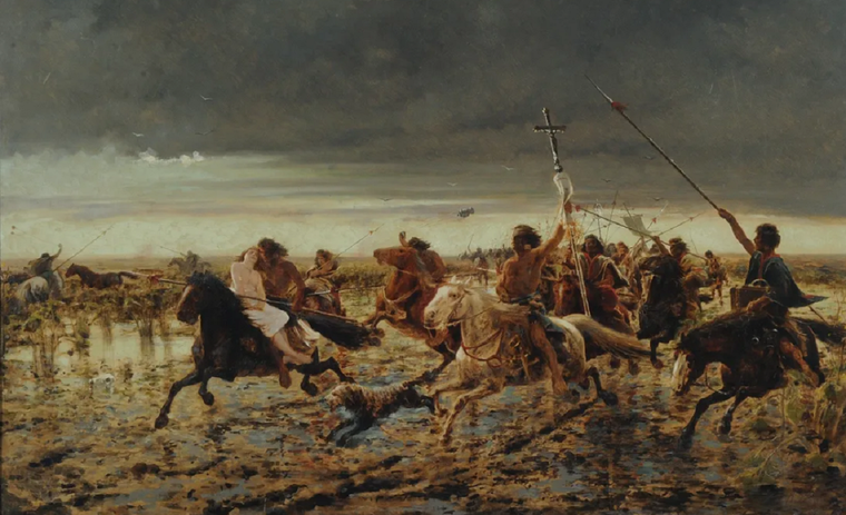 La vuelta del malón muestra cómo las mujeres blancas eran raptadas por los indios y convertidas en cautivas. Foto: Óleo de Angel Della Valle