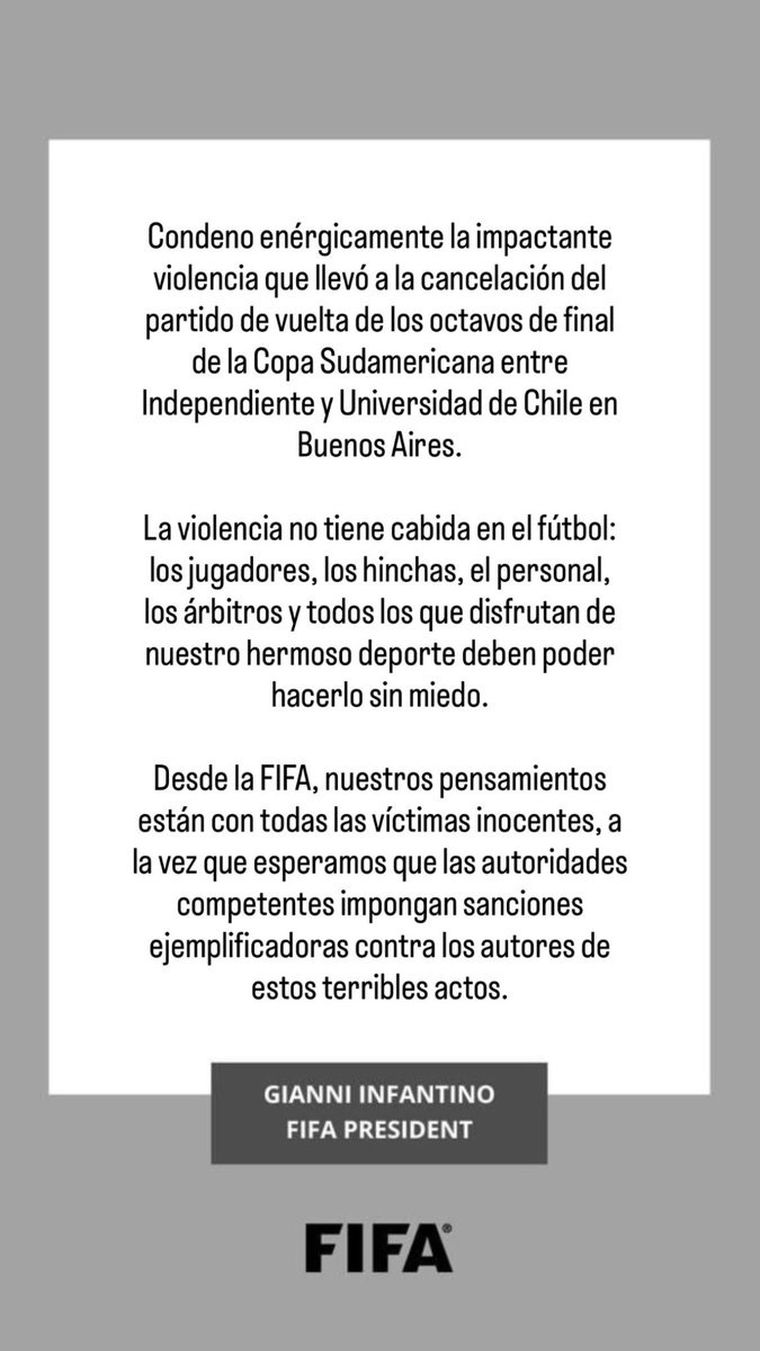 El comunicado de Gianni Infantino, presidente de la FIFA, difundido este jueves. El comunicado de Gianni Infantino, presidente de la FIFA, difundido este jueves. 