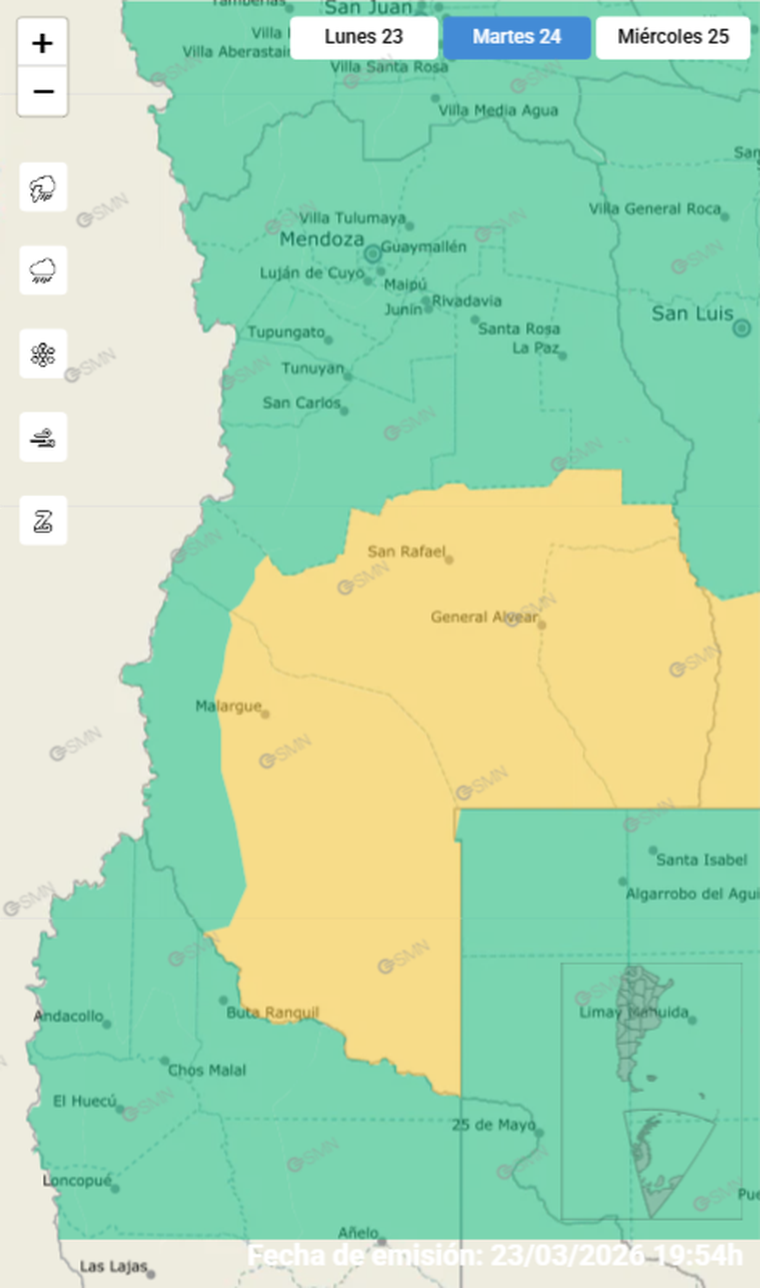 El sur de Mendoza está en alerta por viento Zonda. El sur de Mendoza está en alerta por viento Zonda.