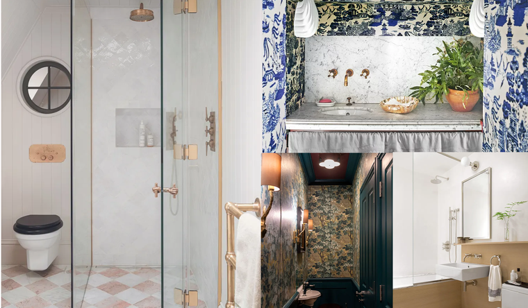 En la imagen los cinco diseños que expertos aconsejan para un baño sin ventana. Foto: homesandgardens.com