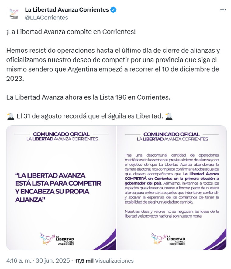La Libertad Avanza competirá sin alianza en la provincia de Corrientes. La Libertad Avanza competirá sin alianza en la provincia de Corrientes.