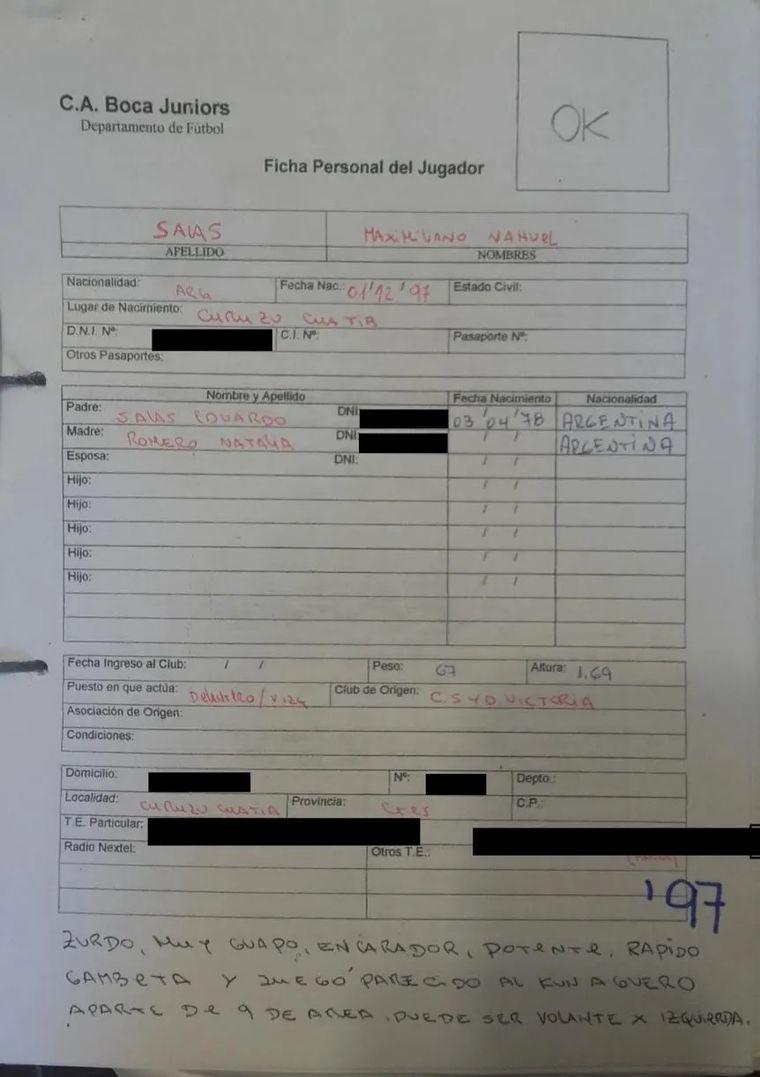 La ficha que describe a un joven Maximiliano Salas data de 1997. La ficha que describe a un joven Maximiliano Salas data de 1997.