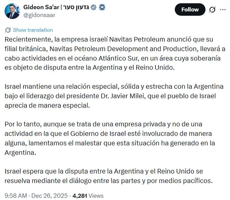 El posteo en X del canciller de Israel: Fuente: X El posteo en X del canciller de Israel: Fuente: X