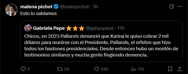 Malena Pichot no dudó en apuntar contra Karina Milei con un incisivo posteo. Malena Pichot no dudó en apuntar contra Karina Milei con un incisivo posteo.